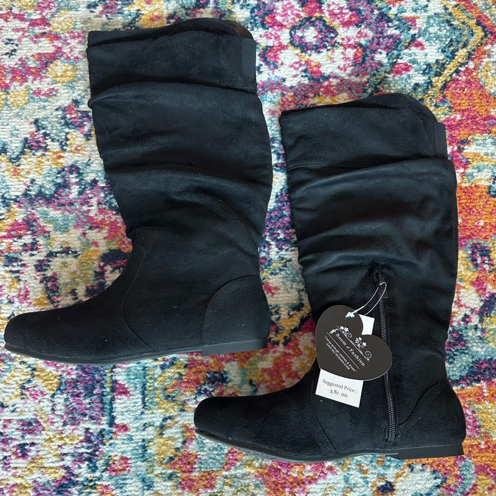 BRAND NEW WITH TAGS! BLACK SLOUCH BOOTS w/ ZIPPERS ON THE SIDE
